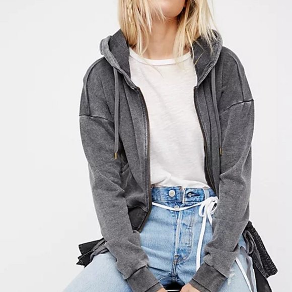 Free People NWT Medium When Worlds Meet Hoodie Jacket Washed Black Grey Hooded - Picture 6 of 6